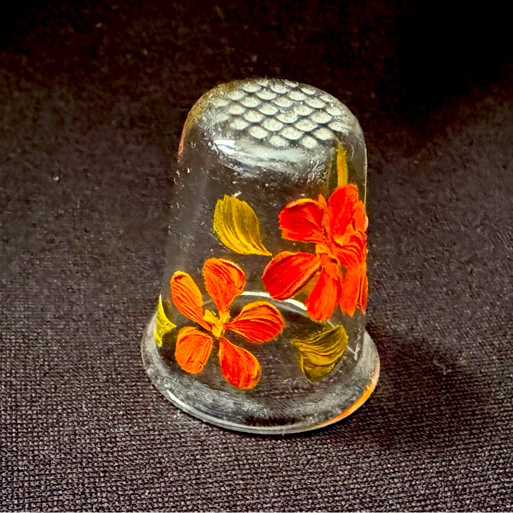 🌷Vintage Clear Glass Thimble With Hand Painted Orange Flowers
